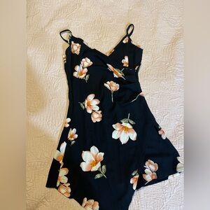 Black Floral Slip Short romper Dress with Peach Blossoms